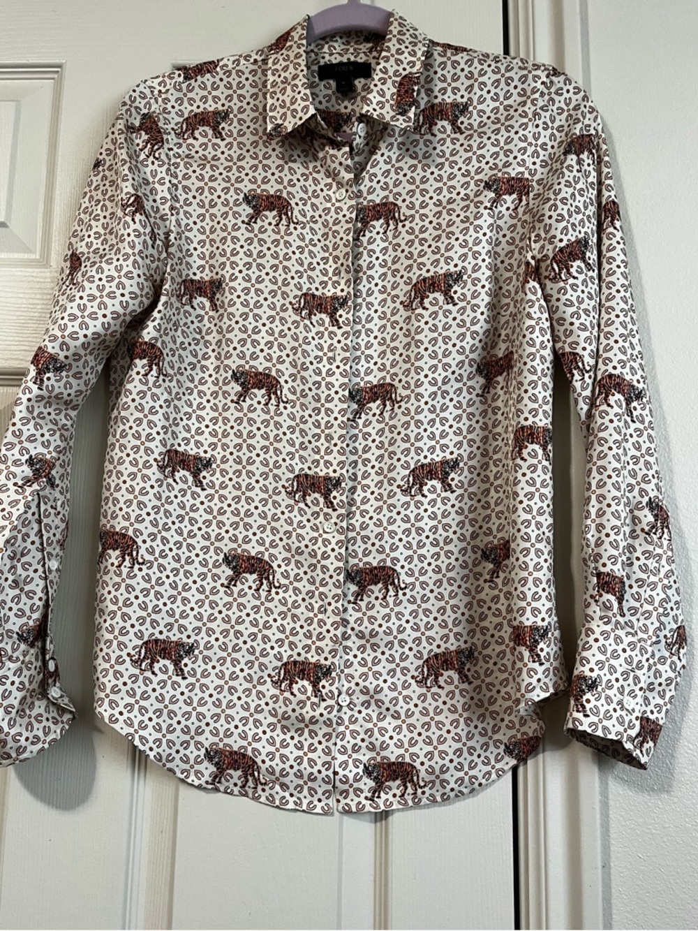 J. Crew 100% Silk Cream Button-Down Shirt Tiger Print Women’s Size 4